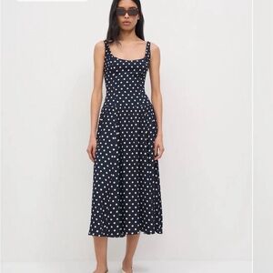 Reformation Navy and White Polka Dot Midi Dress